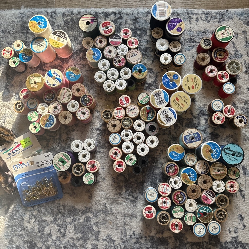 130+ Vintage Thread Spools New And Used Plus 2 Boxes Safety Pins One Unopened